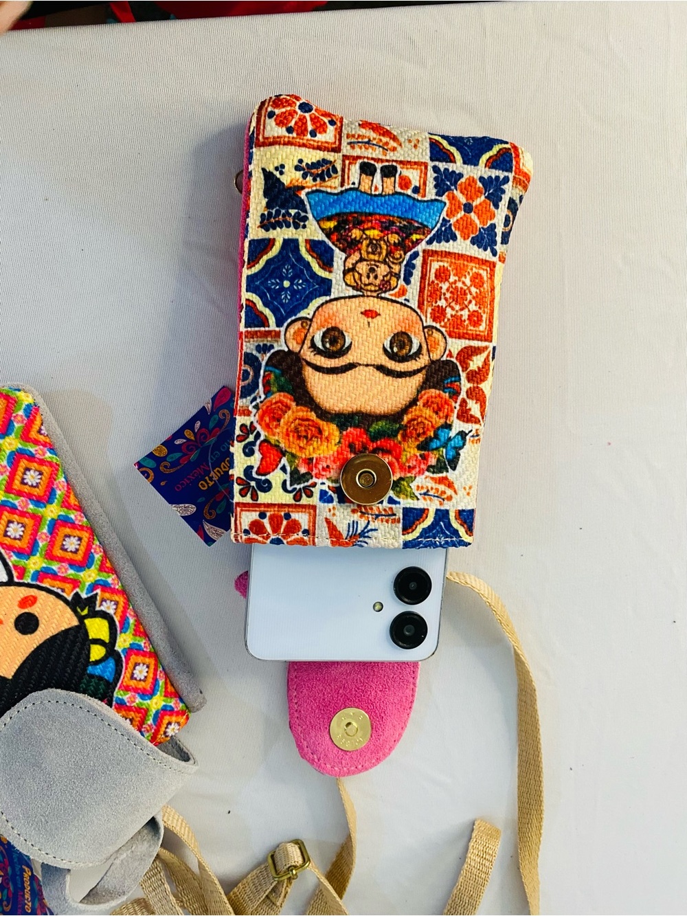 Colorful Frida Inspired Crossbody Phone Bag - Orange & Blue Floral